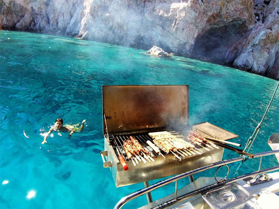 Grilled souvlaki served on Aegeas